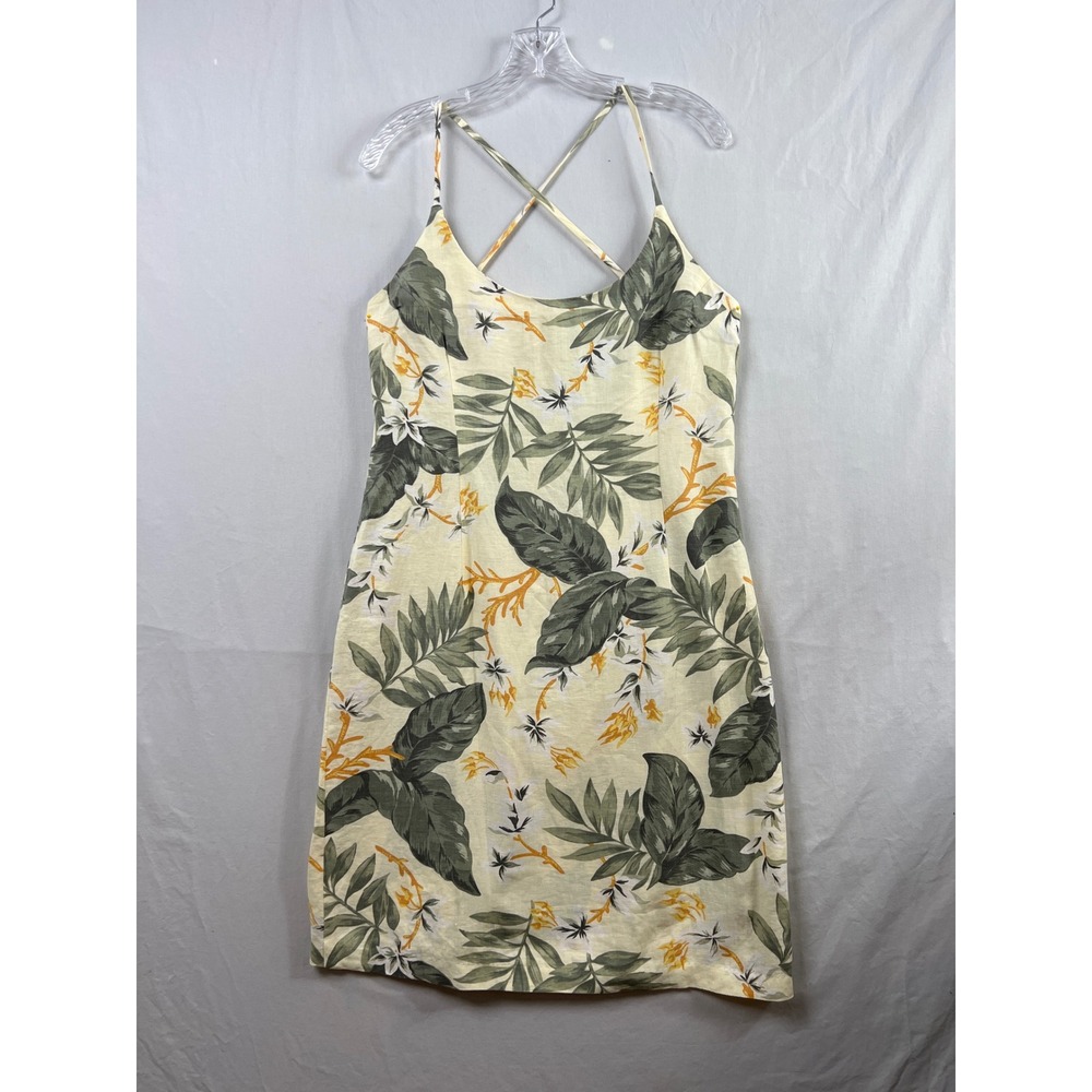 Jones New York Sport Linen Dress Womens 16 Yellow Green Tropical Cross Back